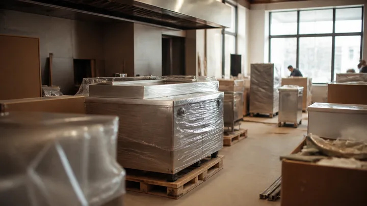 Commercial kitchen mid-installation, wrapped stainless equipment on pallets