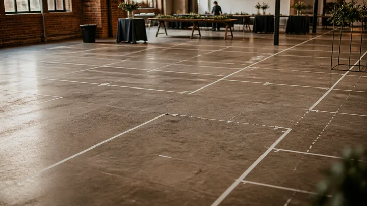 Concrete floor with taped layout lines for tables and service aisles