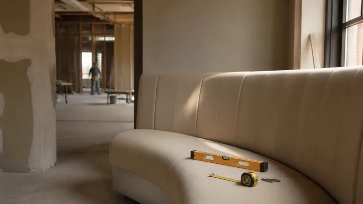 Contractor's level and tape measure resting on new banquette seating in raw space