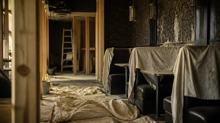 Half-finished renovation abandoned mid-project, dusty drop cloths over booths