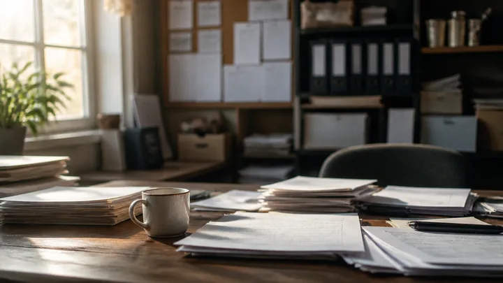 Month-end paperwork and coffee cup on office desk in restaurant back office