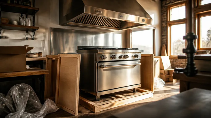 New commercial range and hood being uncrated in a restaurant kitchen