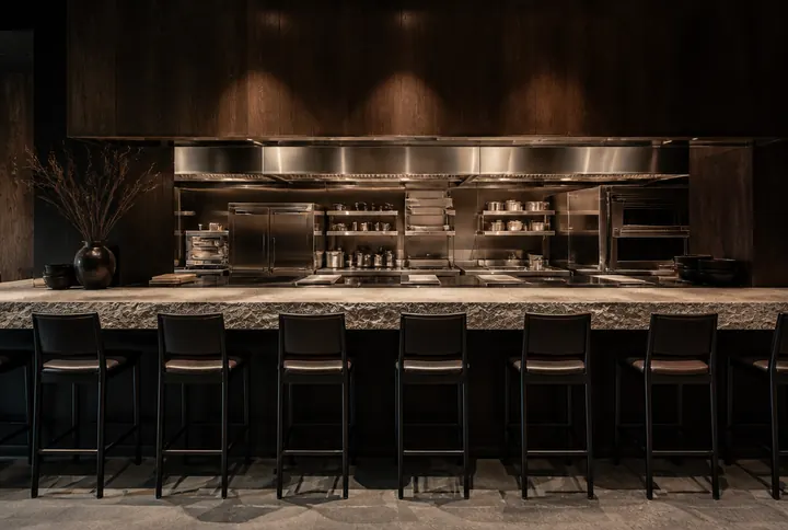 Chef's counter dining room where a short row of seats looks directly onto the finishing pass
