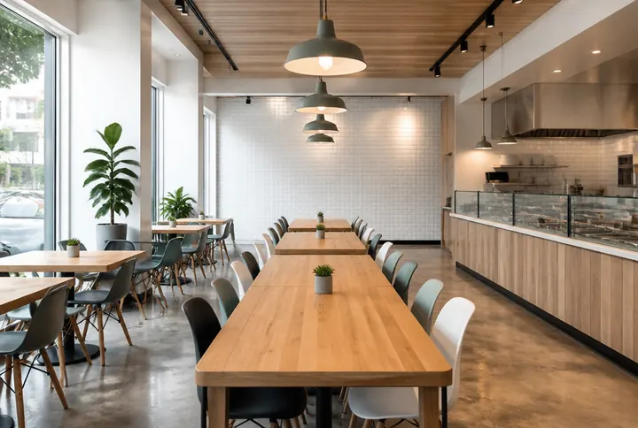 Fast casual dining room with an order and pickup counter at the entry and a mix of small tables and communal seating