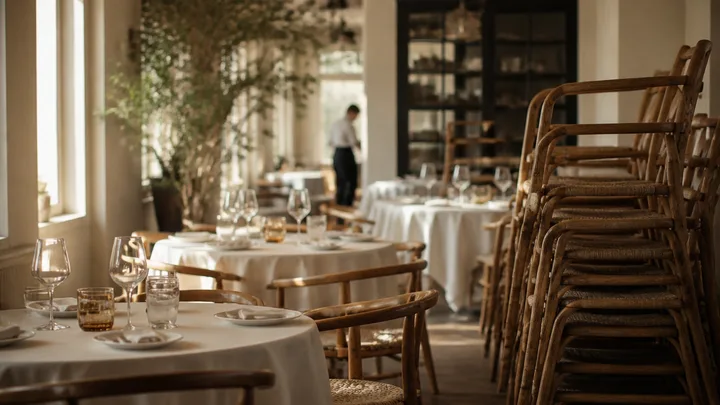 Restaurant dining room mid-setup, stacked new chairs beside dressed tables