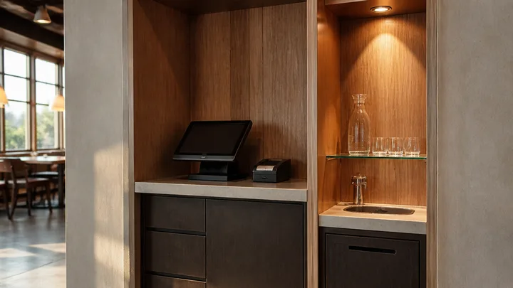 Server station alcove with pos shelf and water station, tidy and new