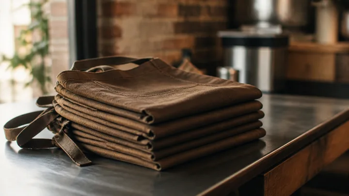 Staff aprons folded in a stack on a prep counter