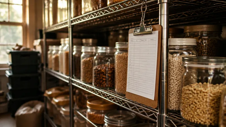Storeroom shelves of dry goods and inventory sheet on clipboard