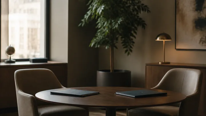 Two chairs at a small meeting table with folders, investor-meeting mood, no people
