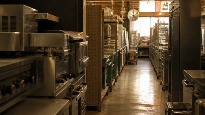 Used restaurant equipment warehouse aisle with mixed older stainless pieces