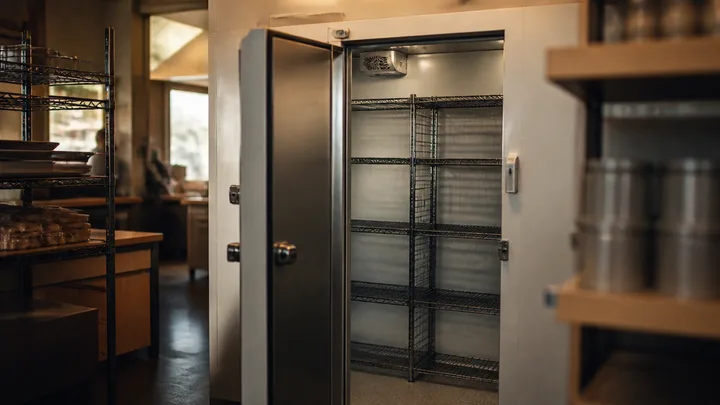 Walk-in cooler door standing open showing empty new shelving