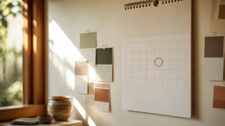 Wall calendar with a circled date beside paint samples, no readable text