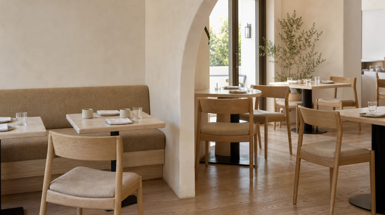 Upholstered restaurant booth seating with separate dining tables