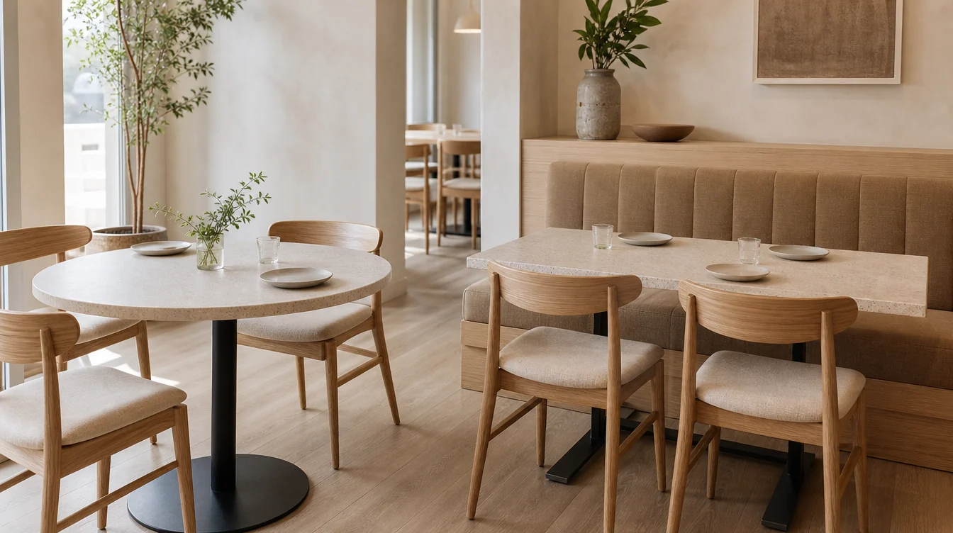 Restaurant tabletops and complete bases shown with dining chairs