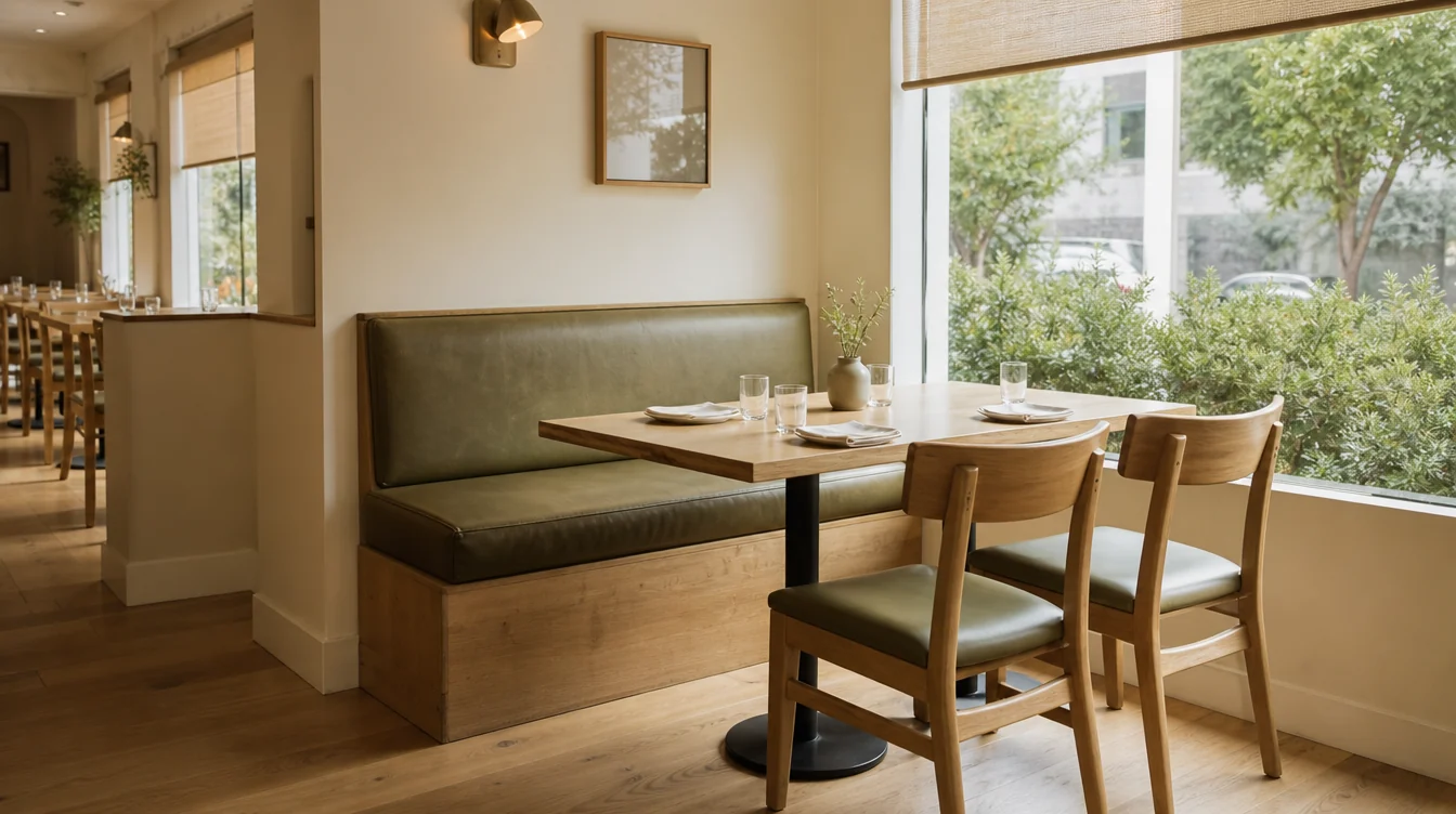 Upholstered restaurant booth paired with a table and loose dining chairs
