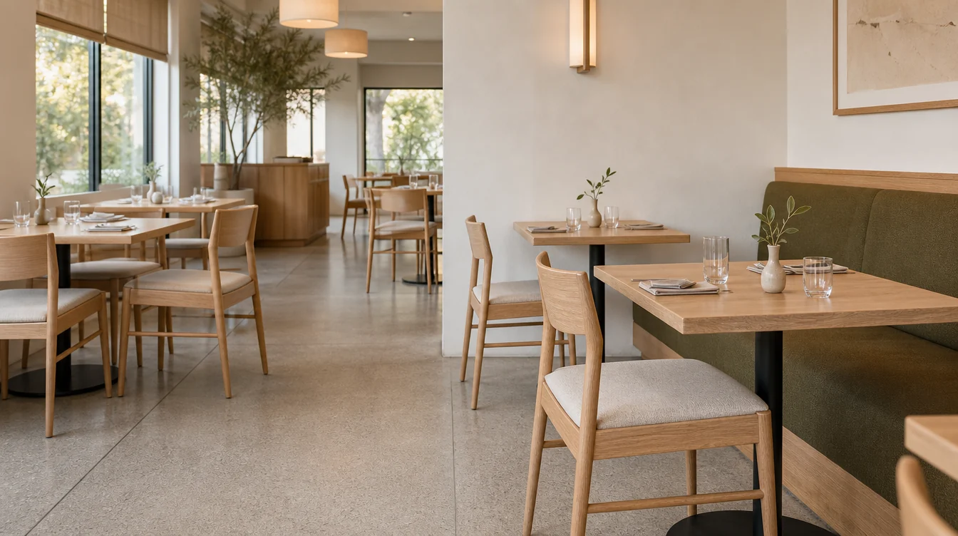 Restaurant dining room with coordinated chairs, tables and booth seating in a California planning scene