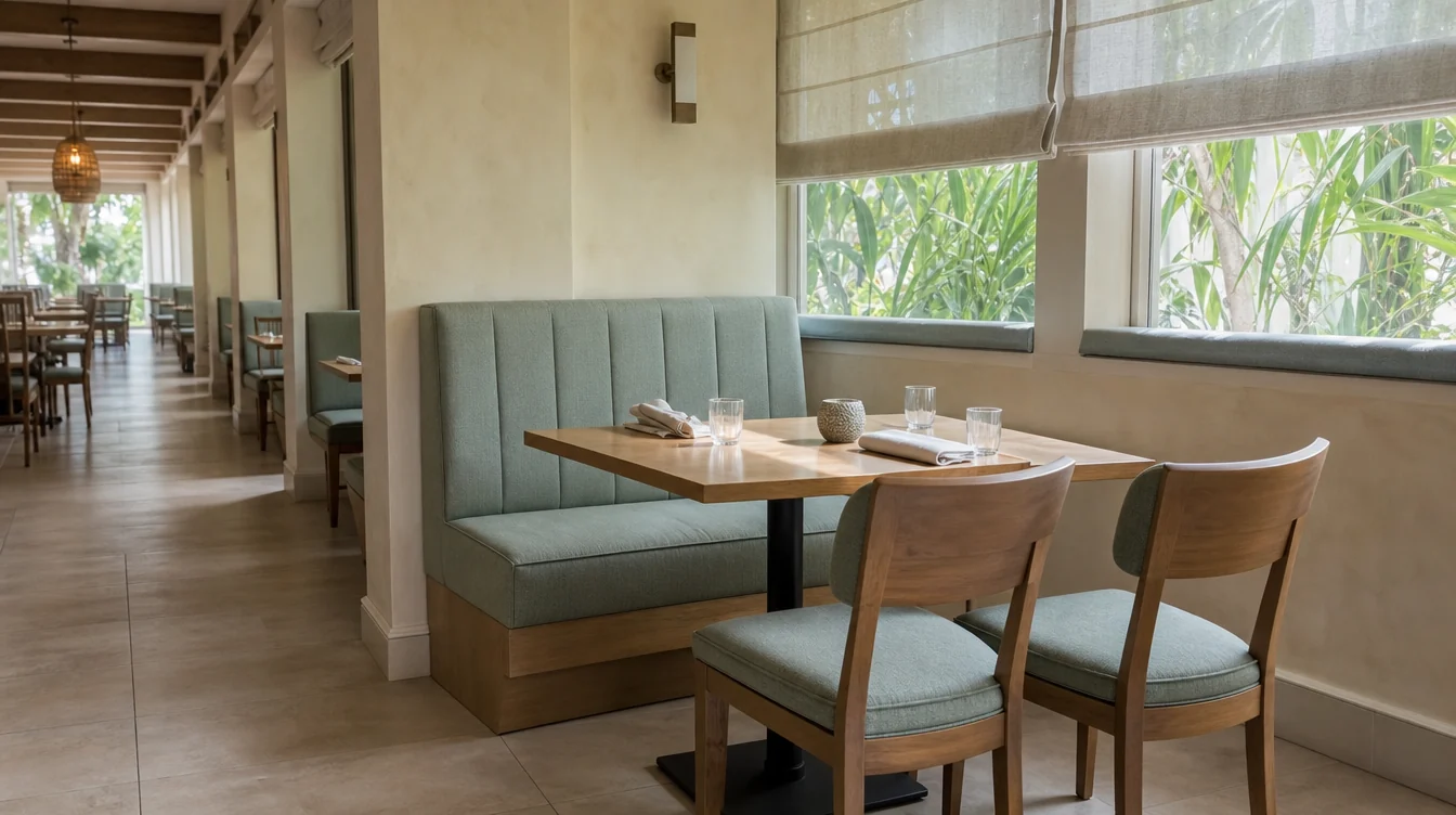 Upholstered restaurant booth paired with a table and loose dining chairs