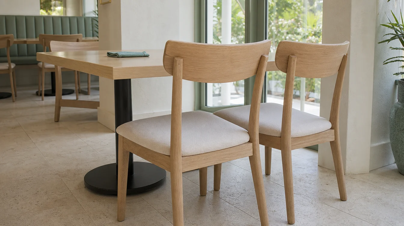 Restaurant dining-chair frame and upholstery details at a table