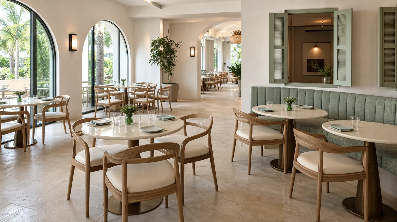 Restaurant dining room with coordinated chairs, tables and booth seating in a Florida planning scene