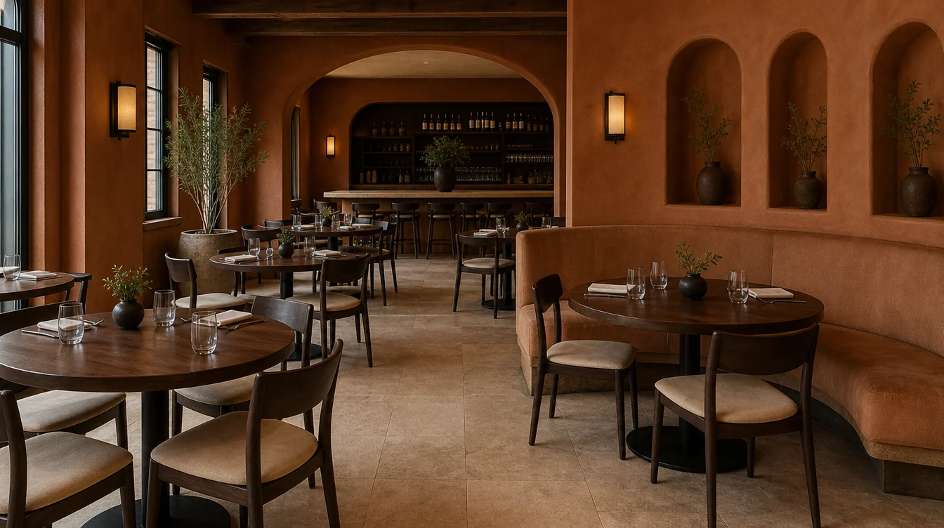 Dining room with coordinated chairs, tables and booth seating