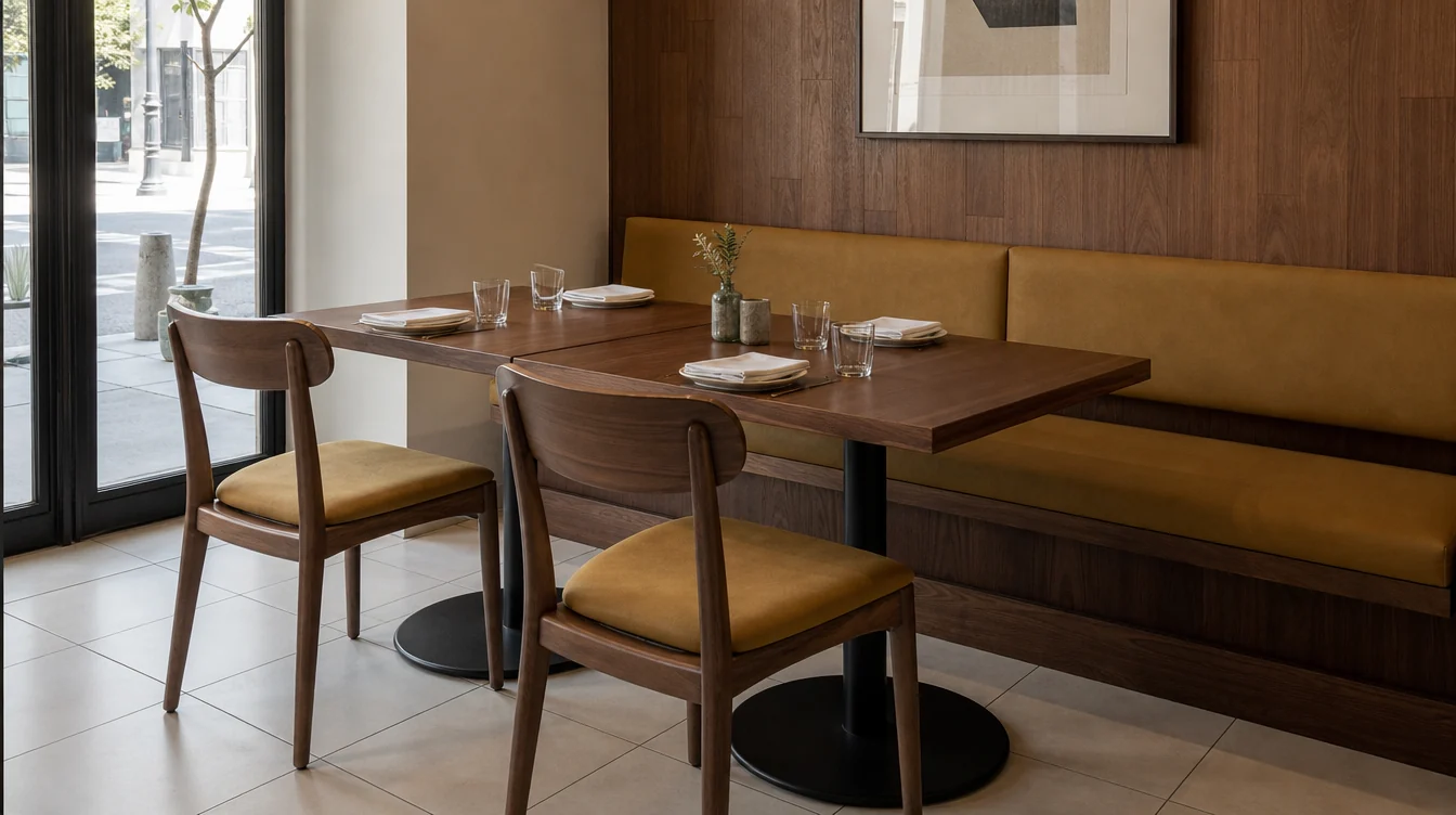 Restaurant tabletops and complete bases shown with dining chairs
