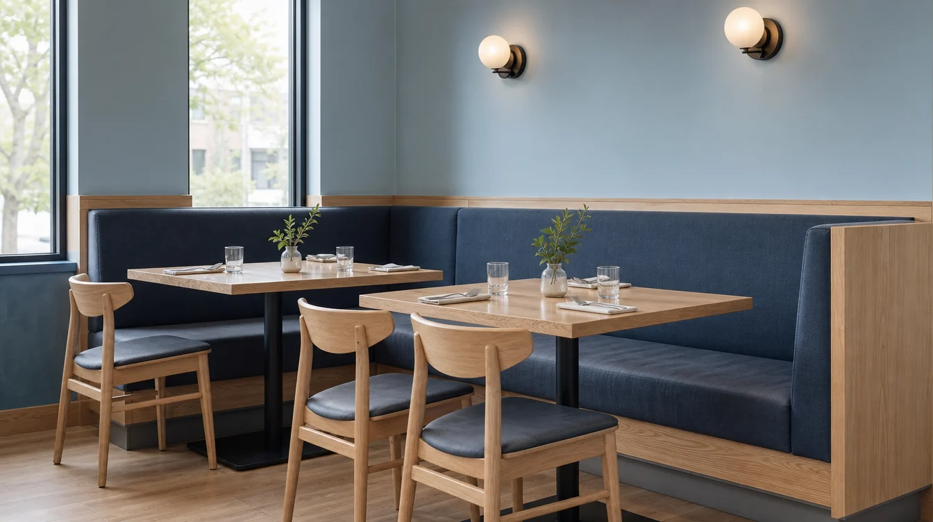 Upholstered restaurant booth seating with separate dining tables