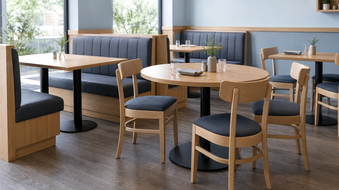 Restaurant tabletops and complete bases shown with dining chairs