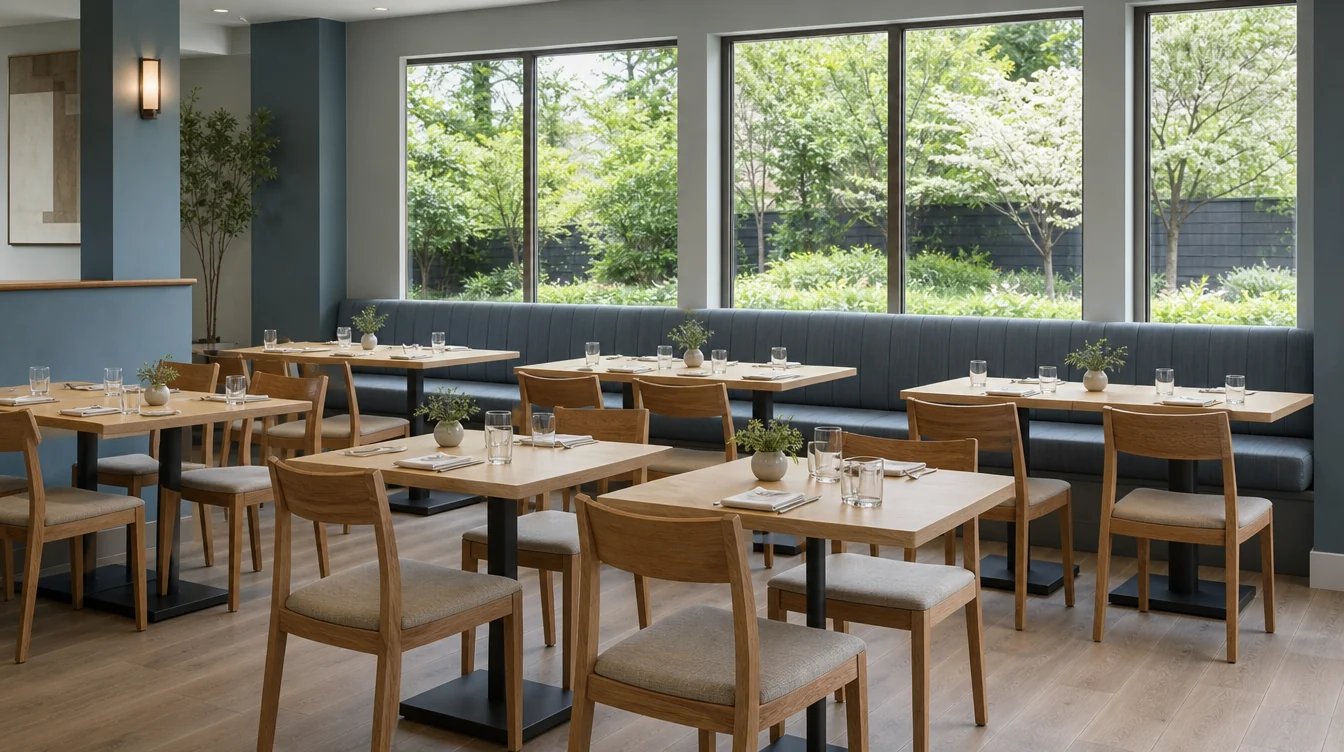 Dining room with coordinated chairs, tables and booth seating