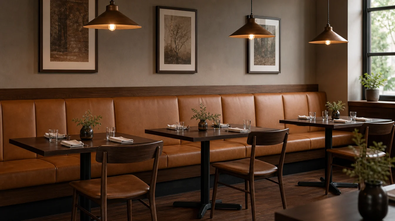 Upholstered restaurant booth seating with separate dining tables