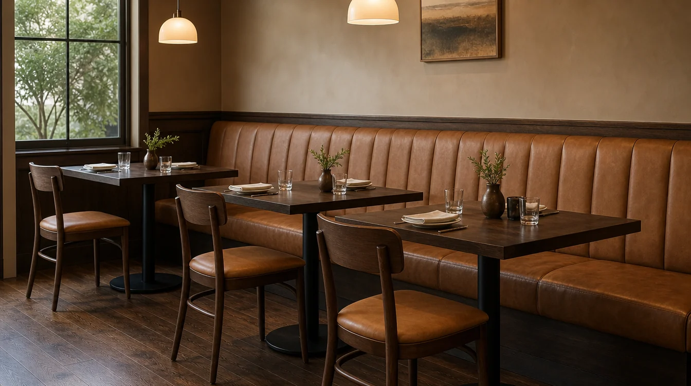 Restaurant tabletops and complete bases shown with dining chairs