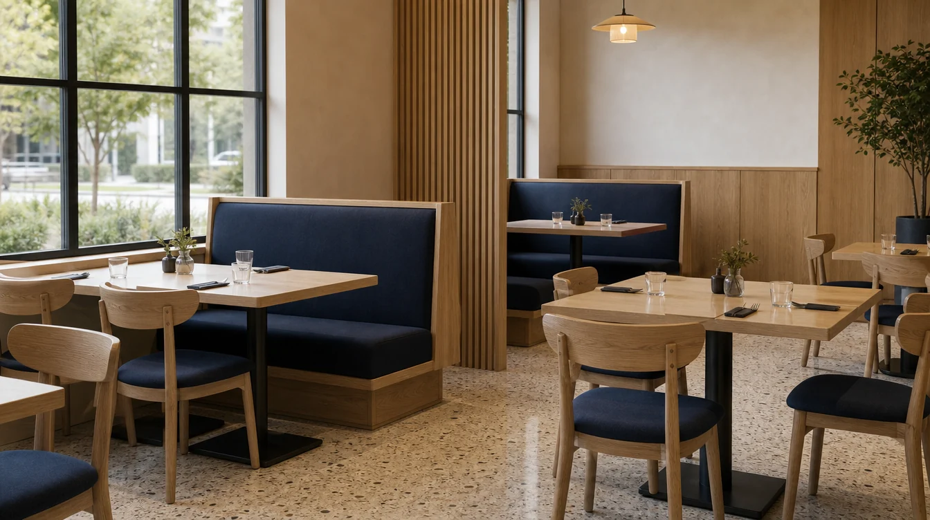 Upholstered restaurant booth seating with separate dining tables