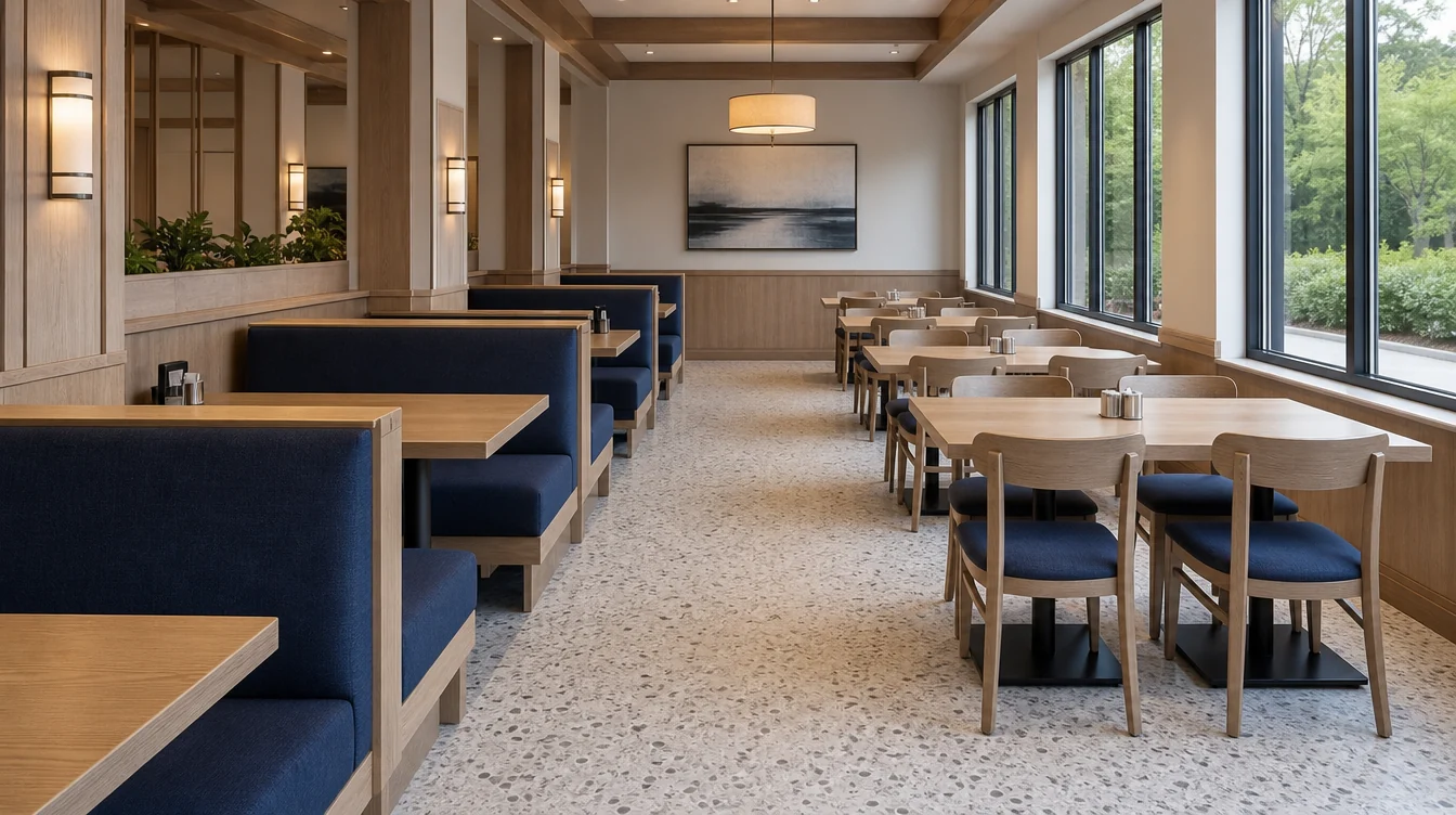 Dining room with coordinated chairs, tables and booth seating