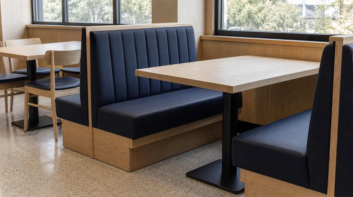 Restaurant tabletops and complete bases shown with dining chairs