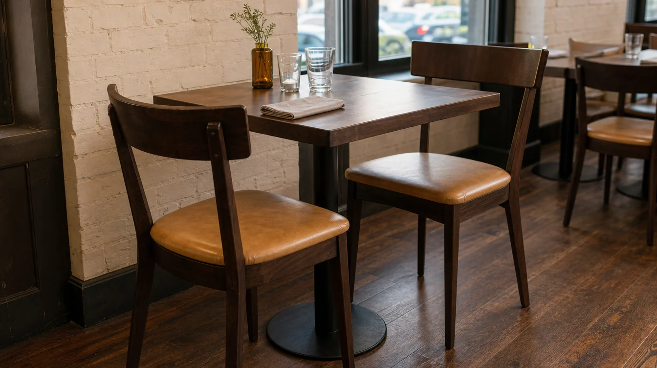 Restaurant dining-chair frame and upholstery details at a table