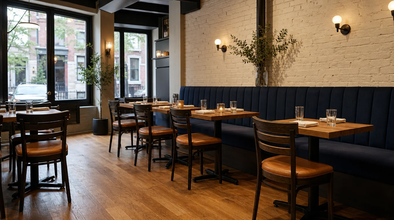 Restaurant dining room with coordinated chairs, tables and booth seating in a New York planning scene