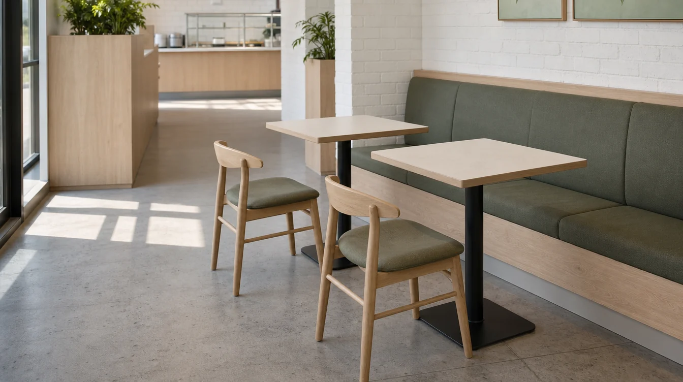 Restaurant tabletops and complete bases shown with dining chairs