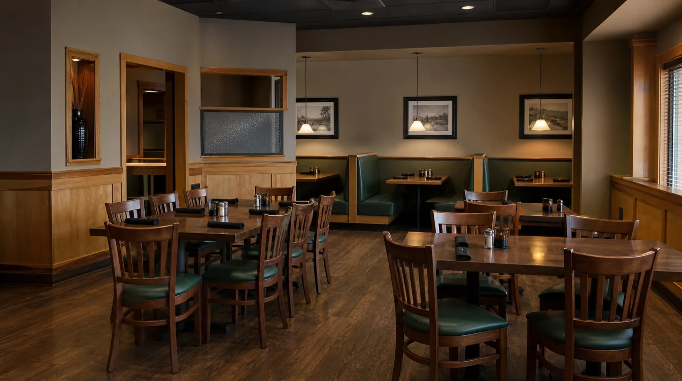 Dining room with coordinated chairs, tables and booth seating