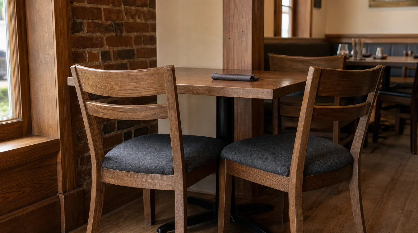 Restaurant dining-chair frame and upholstery details at a table