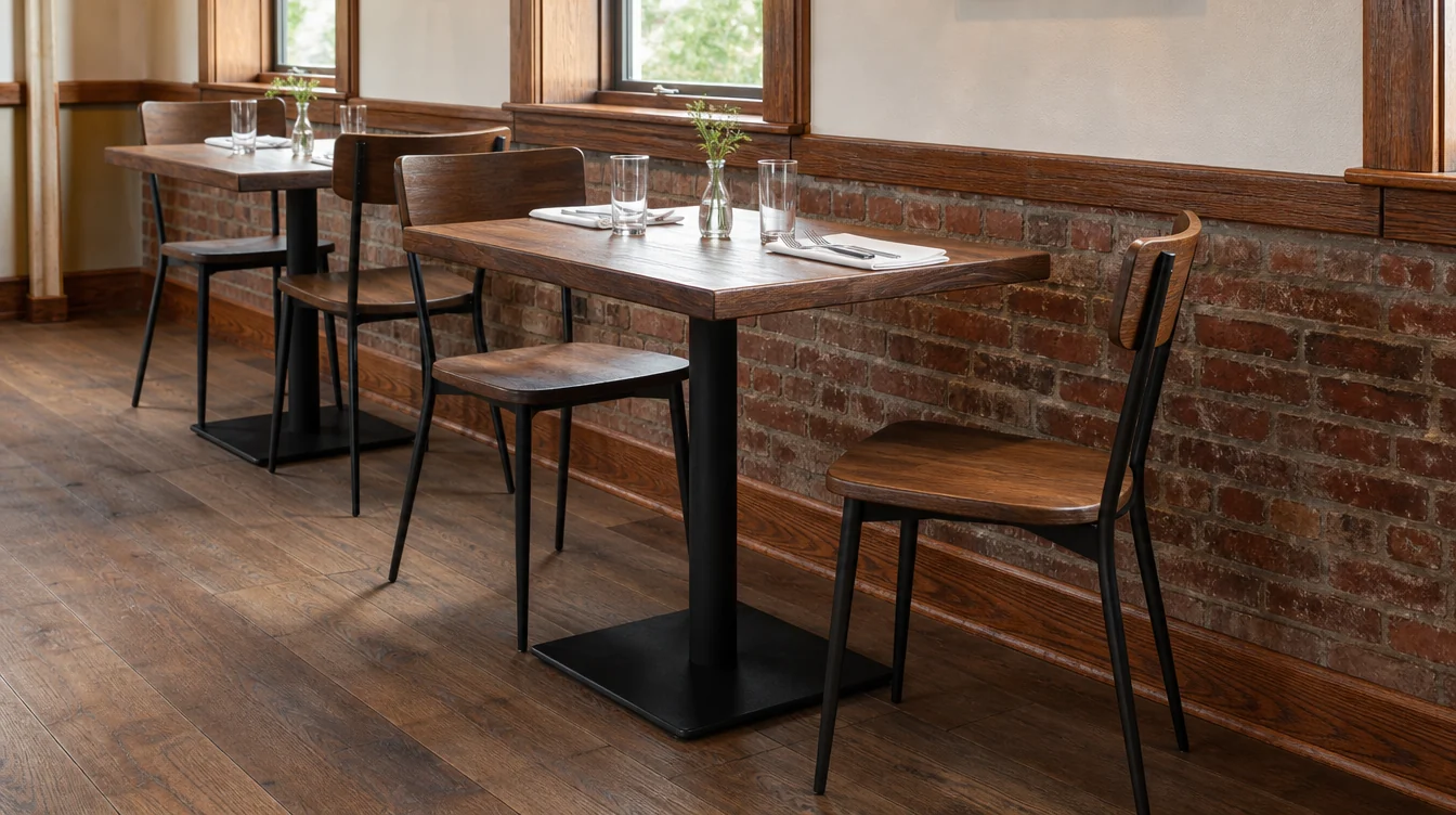 Restaurant tabletops and bases viewed together with dining chairs