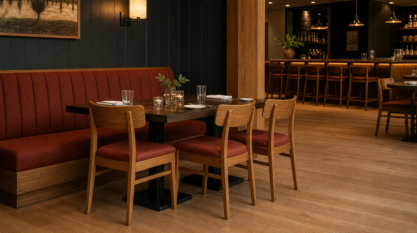 Restaurant tabletops and complete bases shown with dining chairs