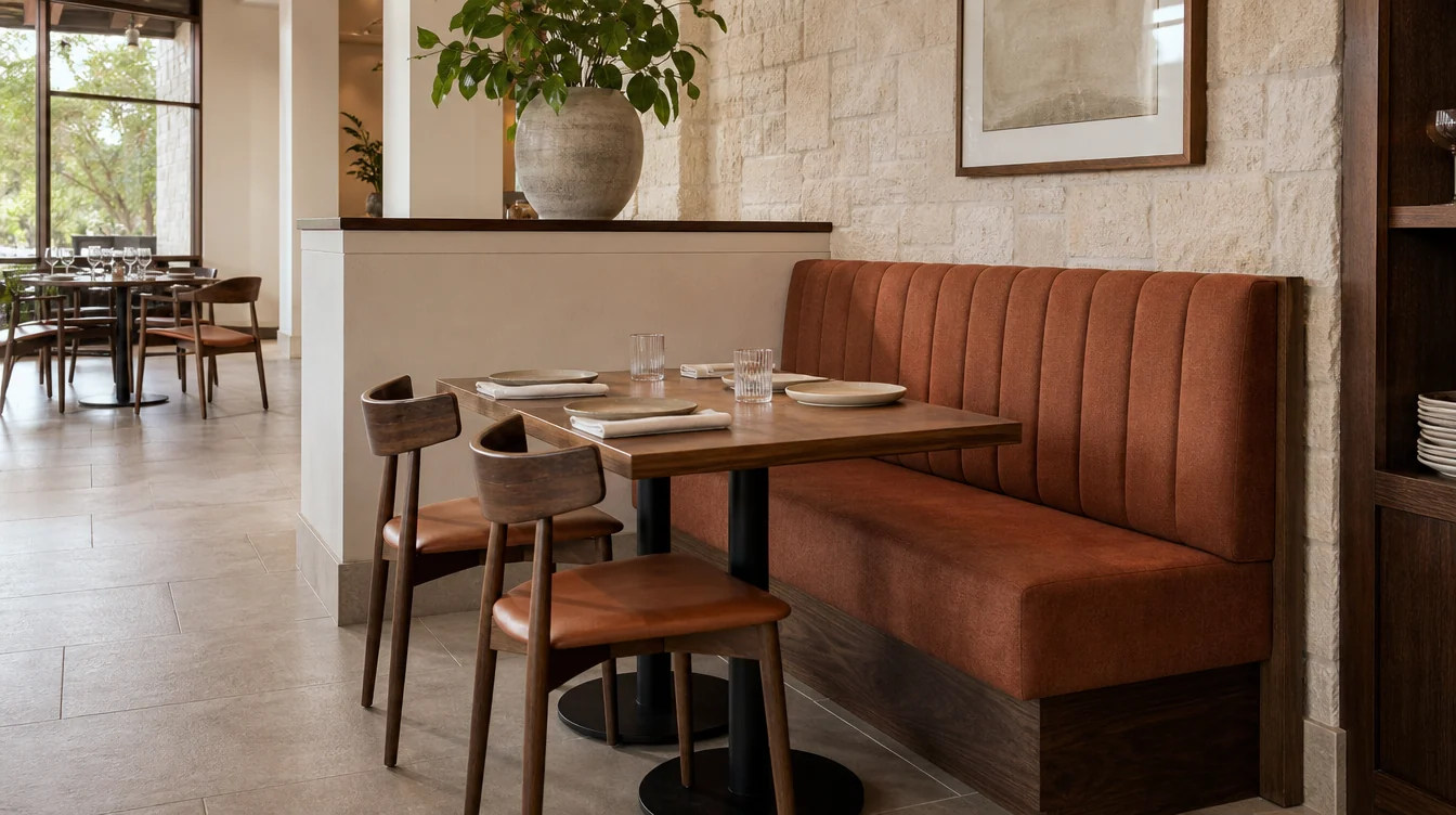 Upholstered restaurant booth paired with a table and loose dining chairs