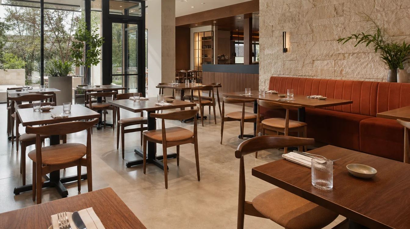 Restaurant dining room with coordinated chairs, tables and booth seating in a Texas planning scene