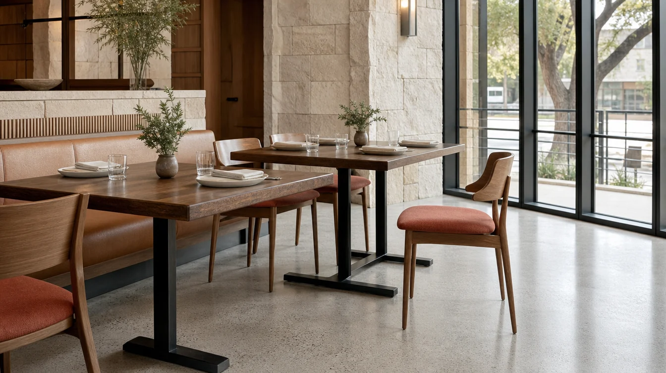 Restaurant tabletops and bases viewed together with dining chairs