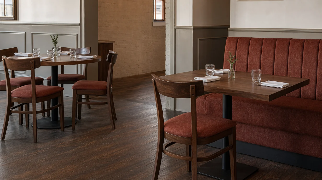 Restaurant tabletops and complete bases shown with dining chairs